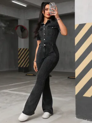 EZwear Short Sleeve Button Front Pocket Simple Casual Denim Jumpsuit