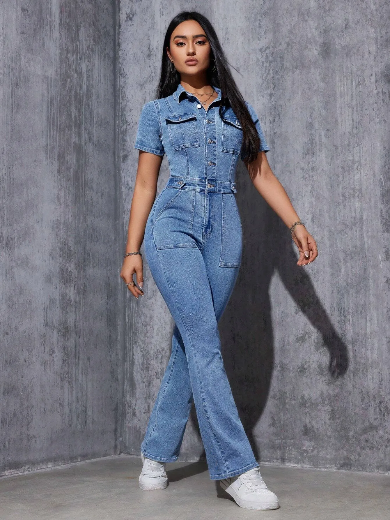 EZwear Short Sleeve Button Front Pocket Simple Casual Denim Jumpsuit