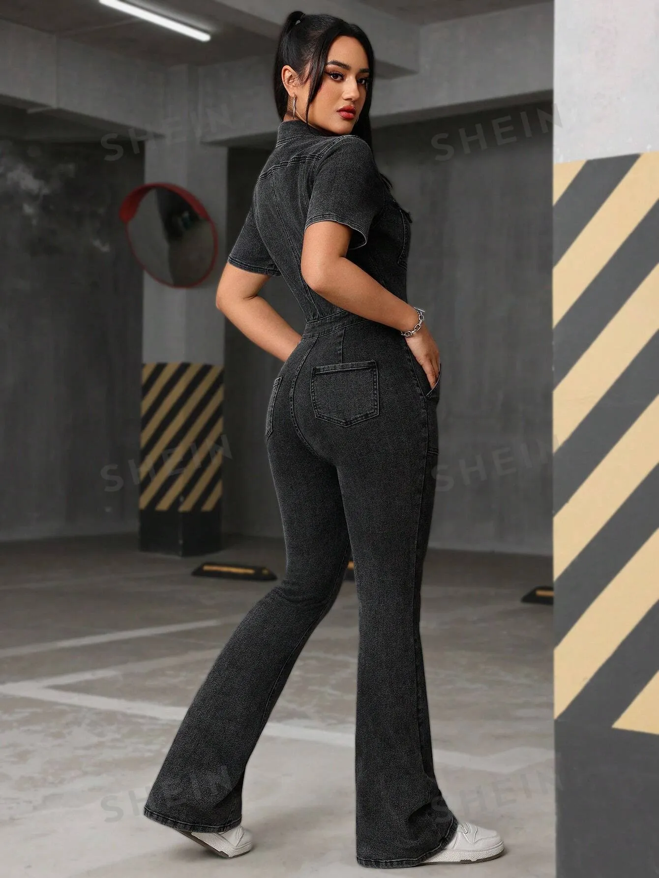 EZwear Short Sleeve Button Front Pocket Simple Casual Denim Jumpsuit
