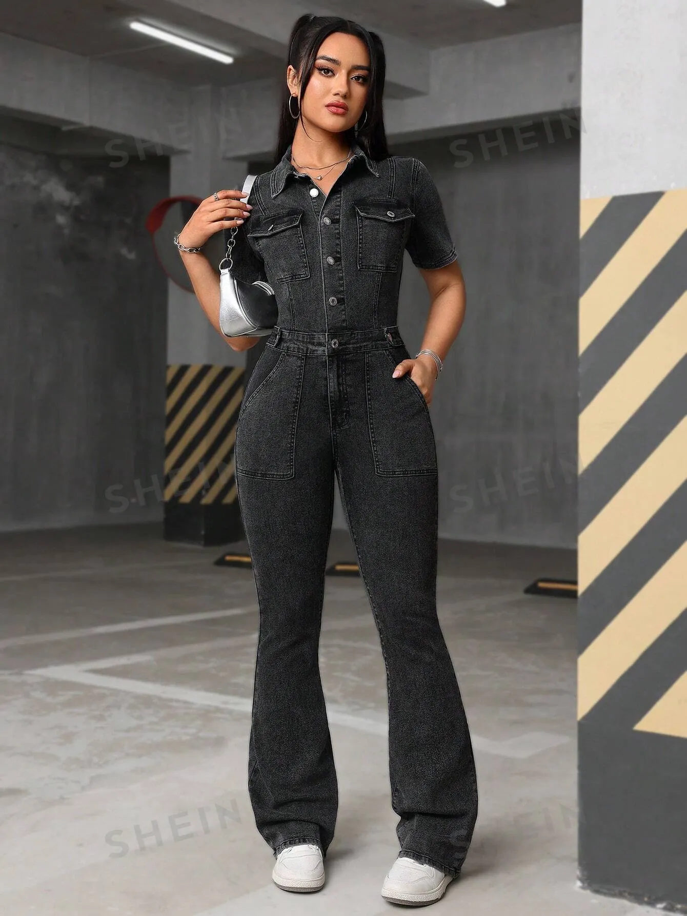 EZwear Short Sleeve Button Front Pocket Simple Casual Denim Jumpsuit