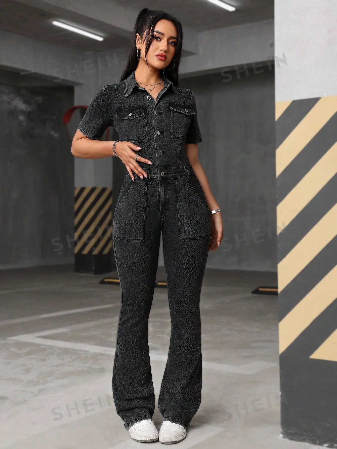 EZwear Short Sleeve Button Front Pocket Simple Casual Denim Jumpsuit