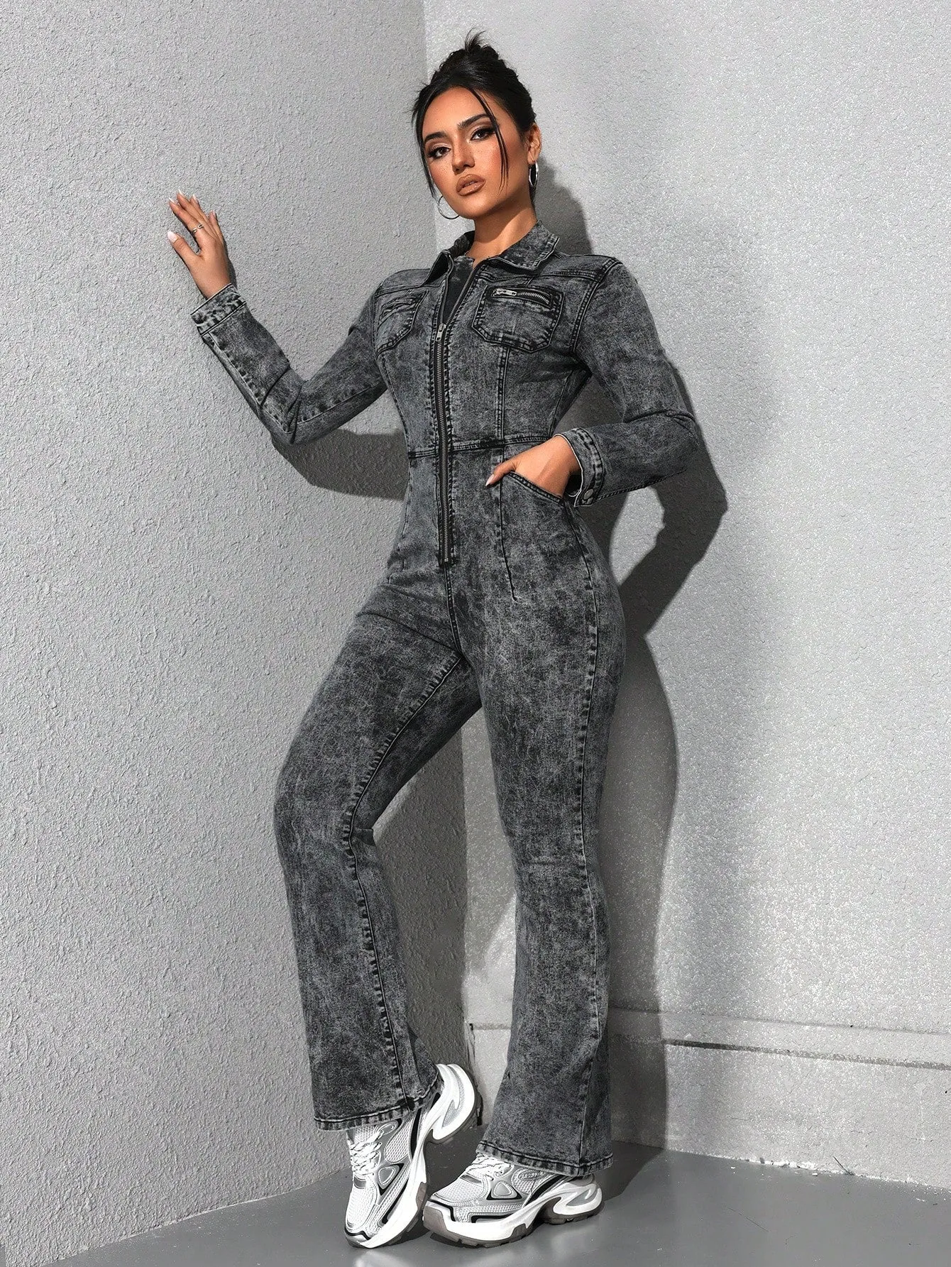 EZwear Women's Fashionable Autumn Zipper Denim Jumpsuit