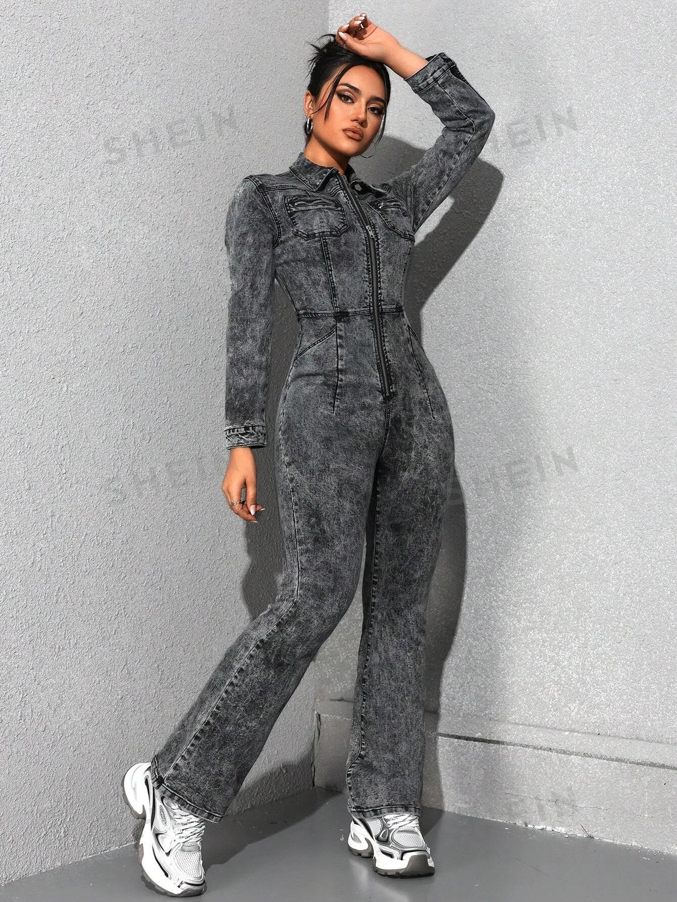 EZwear Women's Fashionable Autumn Zipper Denim Jumpsuit