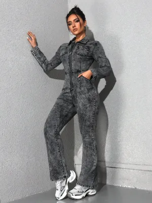 EZwear Women's Fashionable Autumn Zipper Denim Jumpsuit