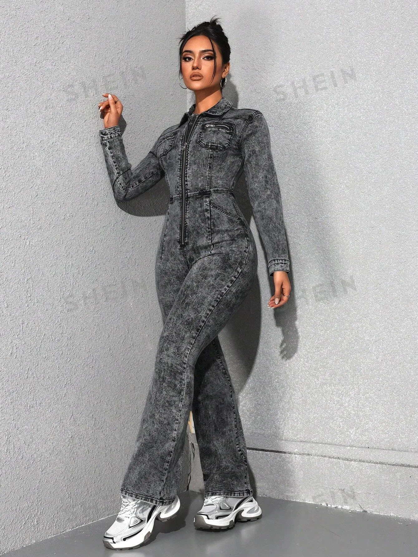 EZwear Women's Fashionable Autumn Zipper Denim Jumpsuit