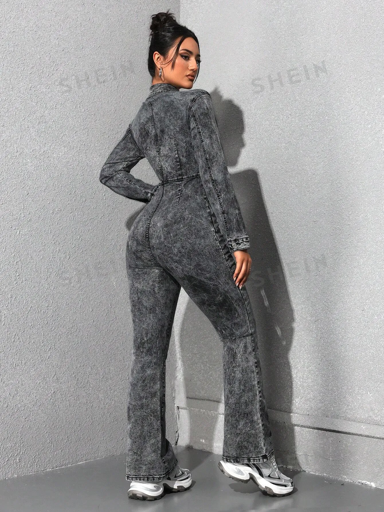 EZwear Women's Fashionable Autumn Zipper Denim Jumpsuit