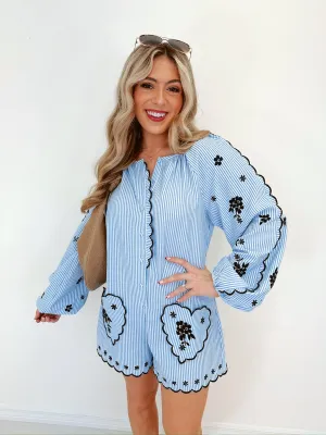 Faith Floral Searsucker Romper - Dusty Blue