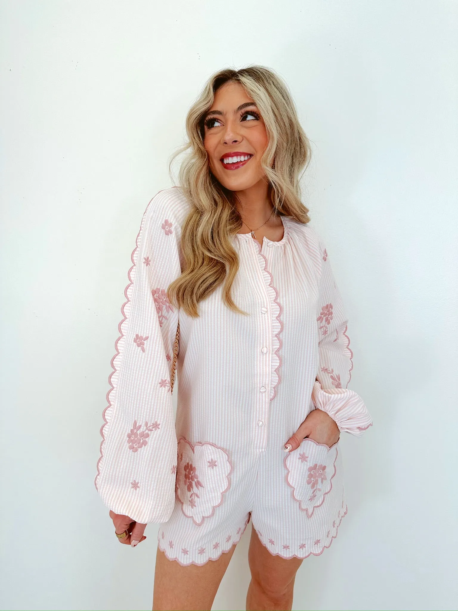 Faith Floral Searsucker Romper - Light Pink