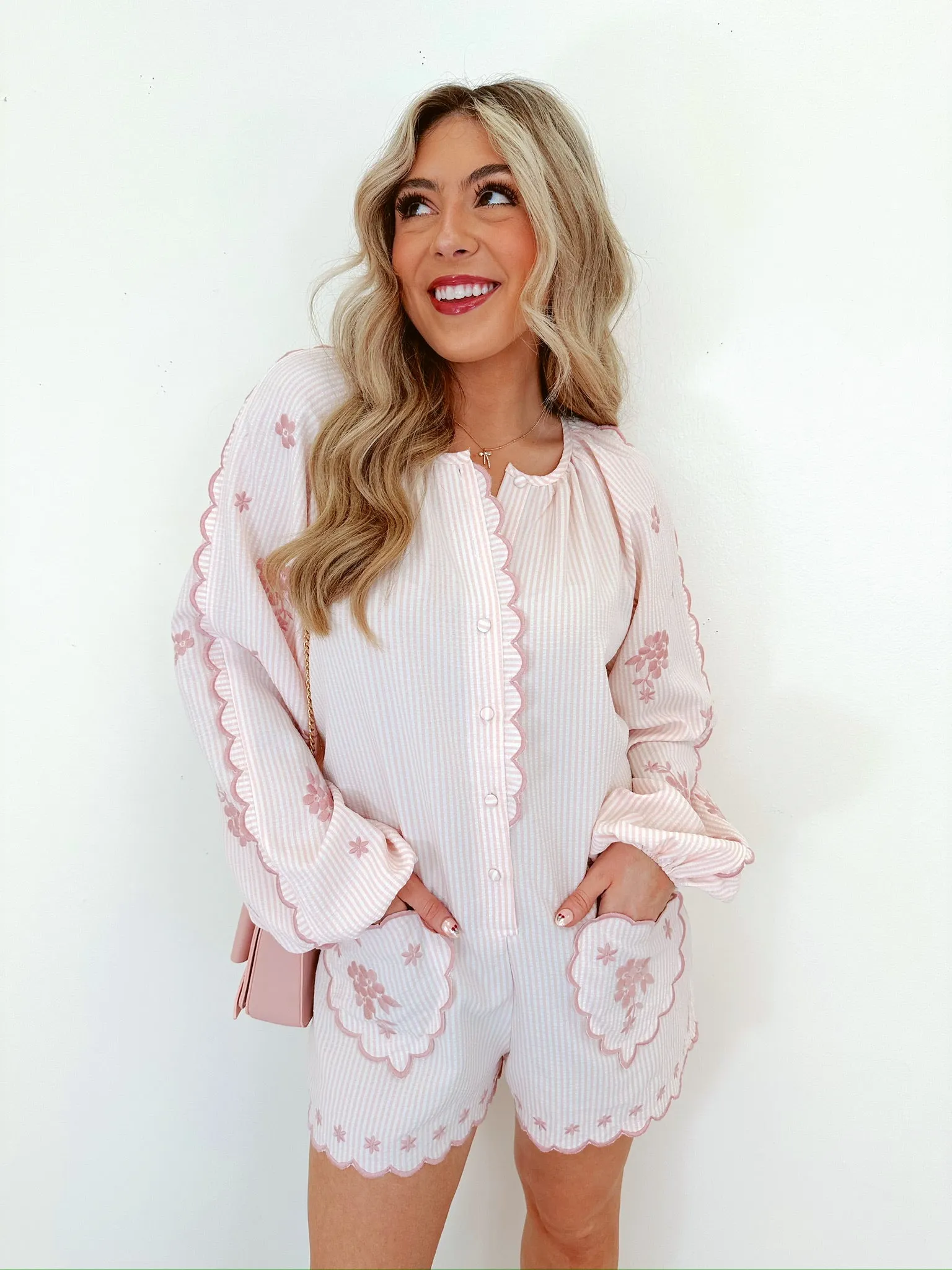 Faith Floral Searsucker Romper - Light Pink