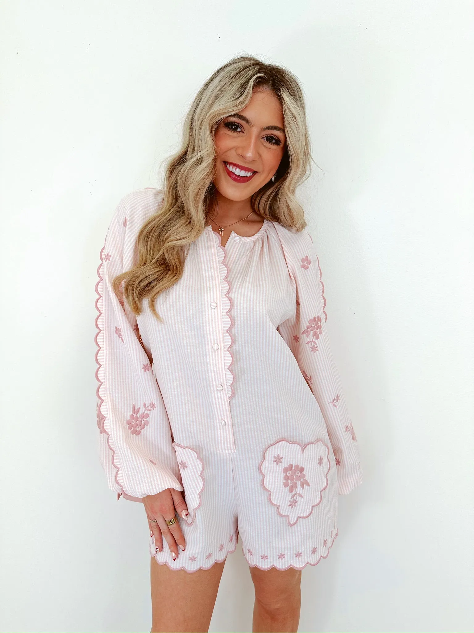 Faith Floral Searsucker Romper - Light Pink