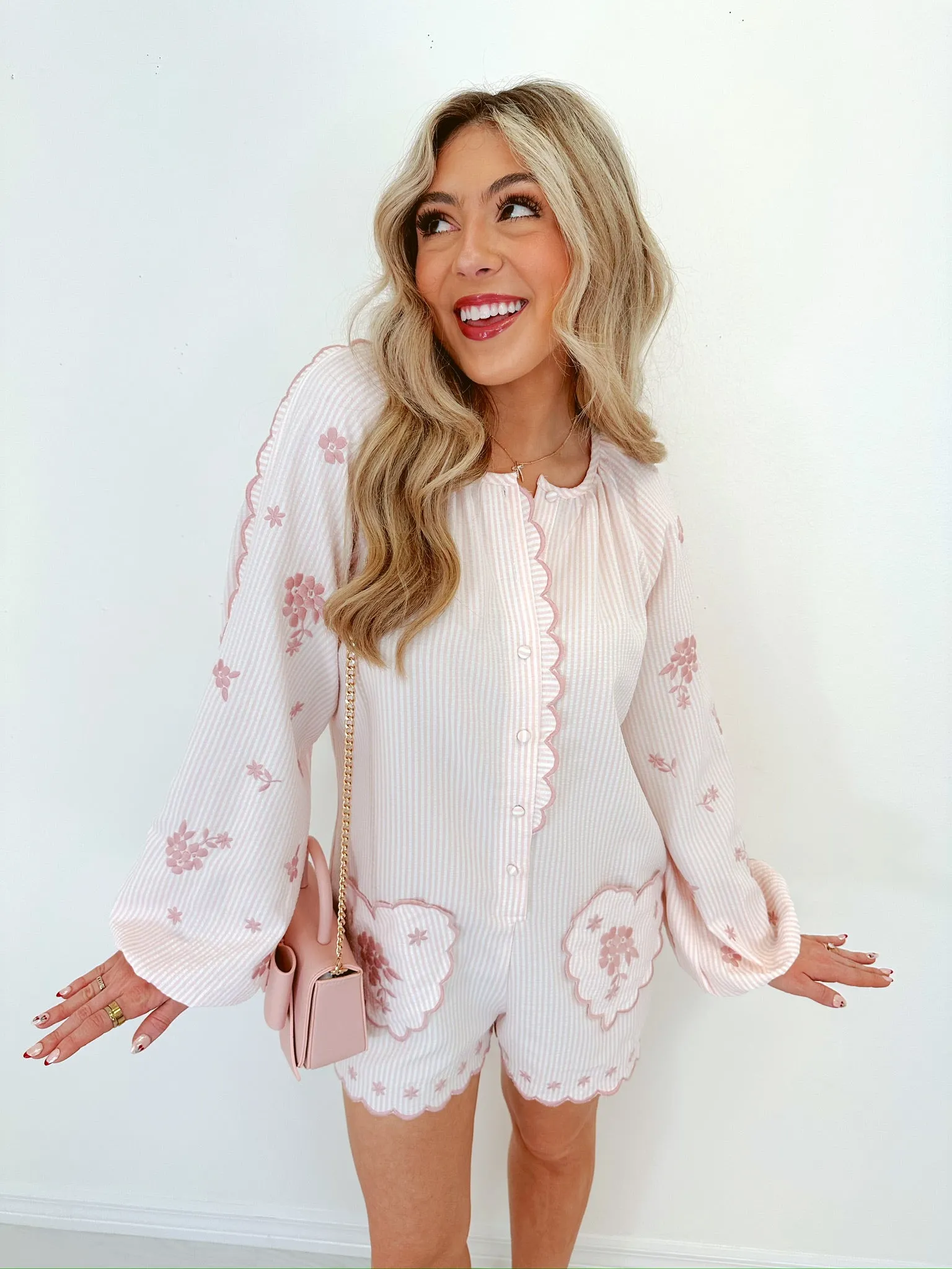 Faith Floral Searsucker Romper - Light Pink
