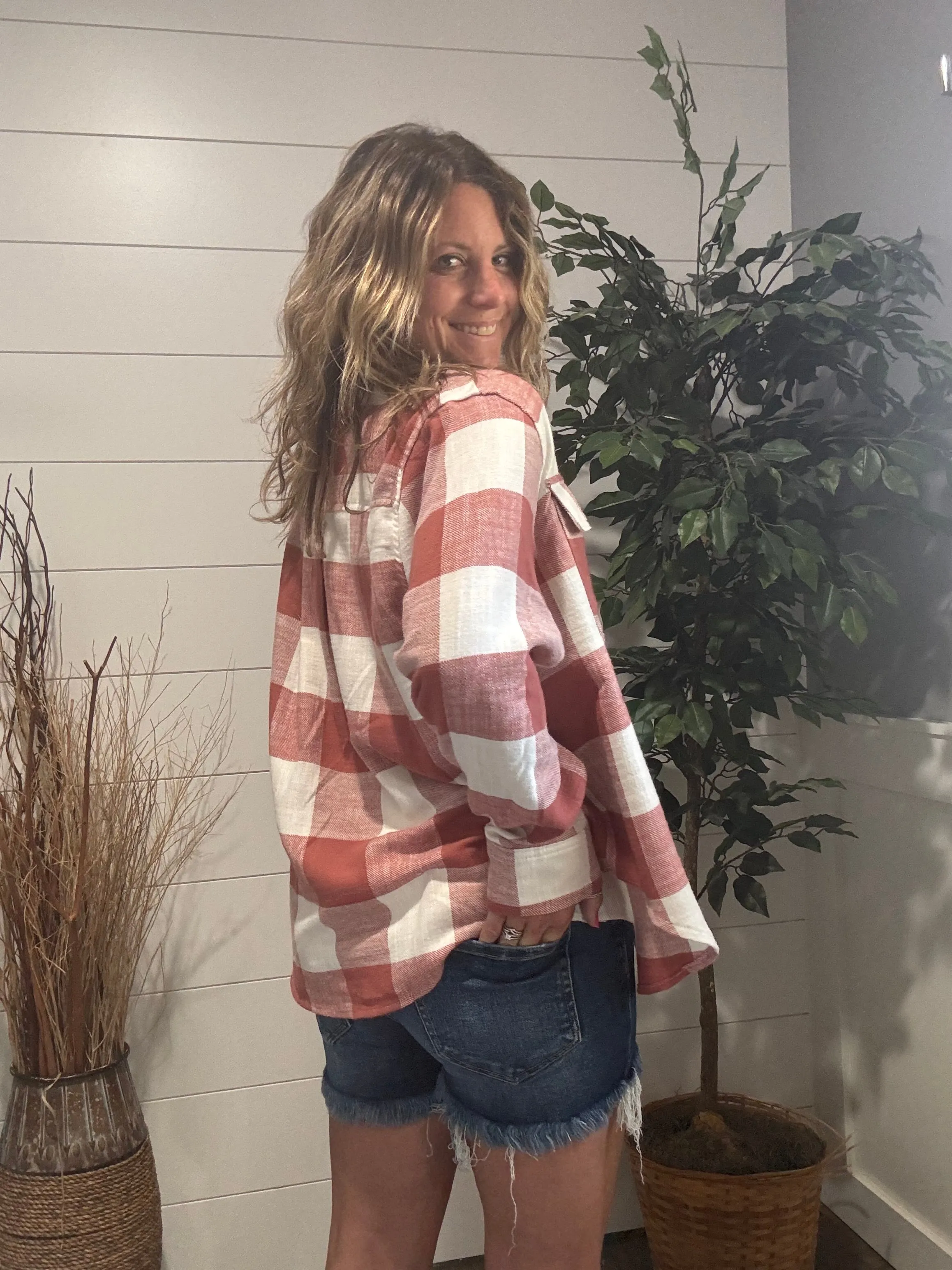 Fall Feels Button Down Flannel - baked clay