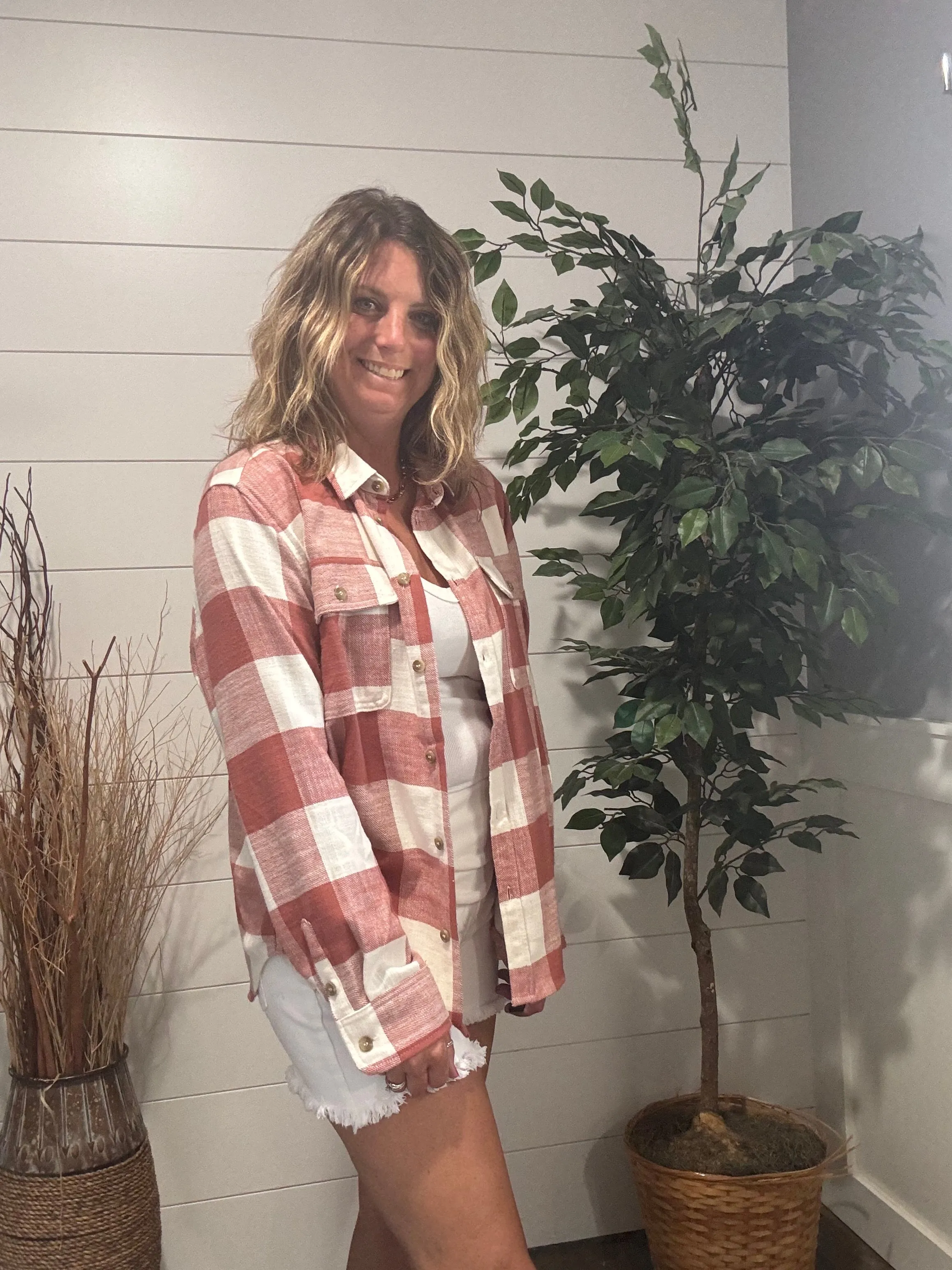 Fall Feels Button Down Flannel - baked clay
