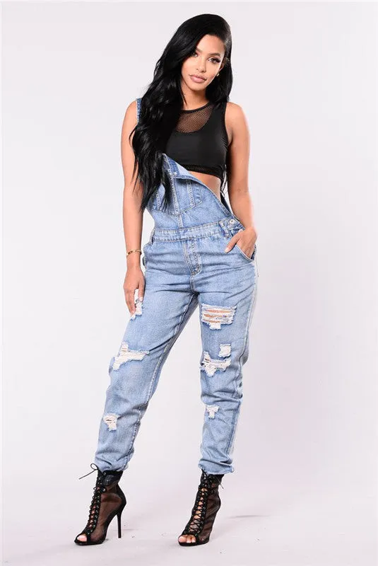 Fashion Lady Denim Jumpsuit Romper Jeans Comfy Ripped Jumpsuits