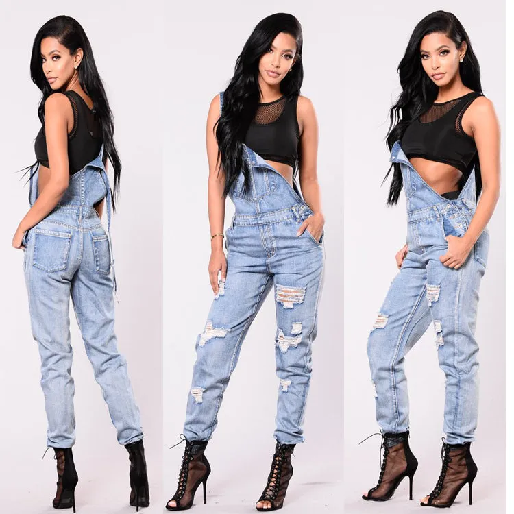 Fashion Lady Denim Jumpsuit Romper Jeans Comfy Ripped Jumpsuits
