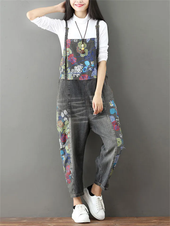 Fashion Printed Splice Denim Jumpsuits