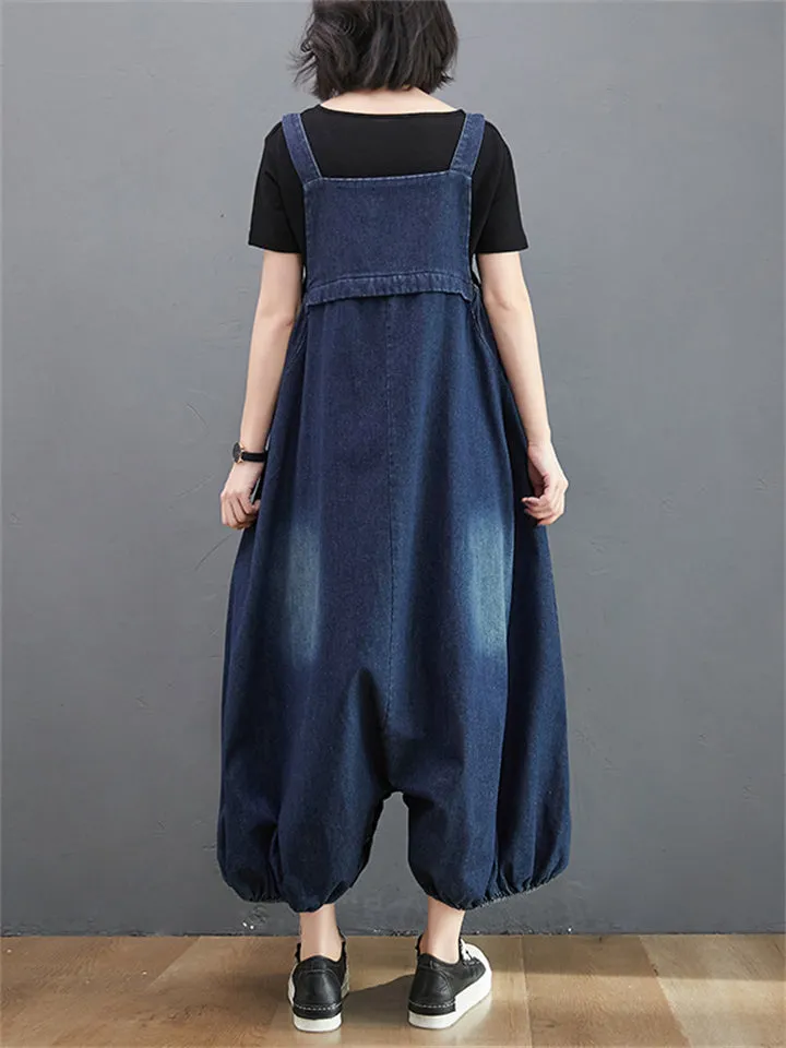 Fashionable Wide Leg Dark Blue Cotton Jumpsuits For Women