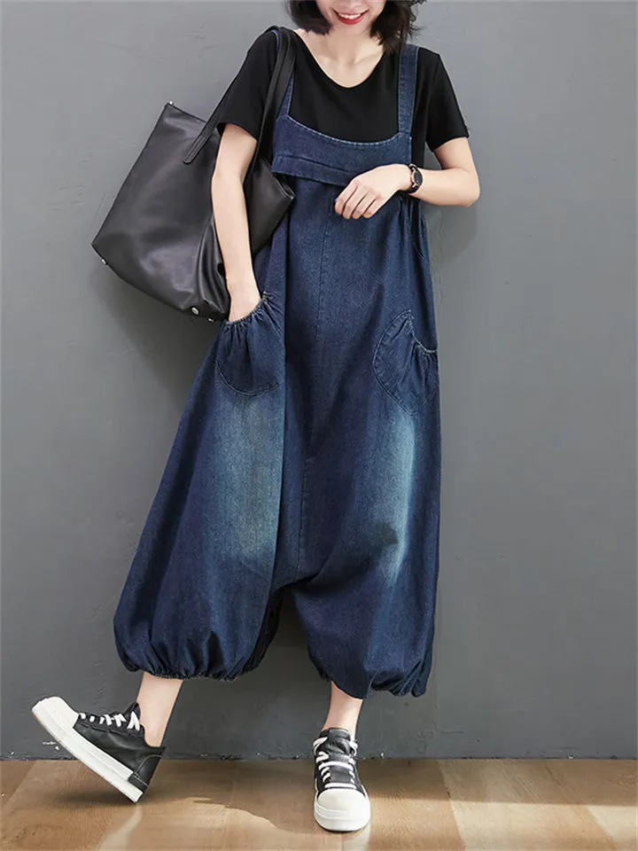 Fashionable Wide Leg Dark Blue Cotton Jumpsuits For Women