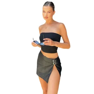 Faux Leather High Slit Mini Skirt with Metal Buckle Detail - Low Waist - PU Leather/Spandex