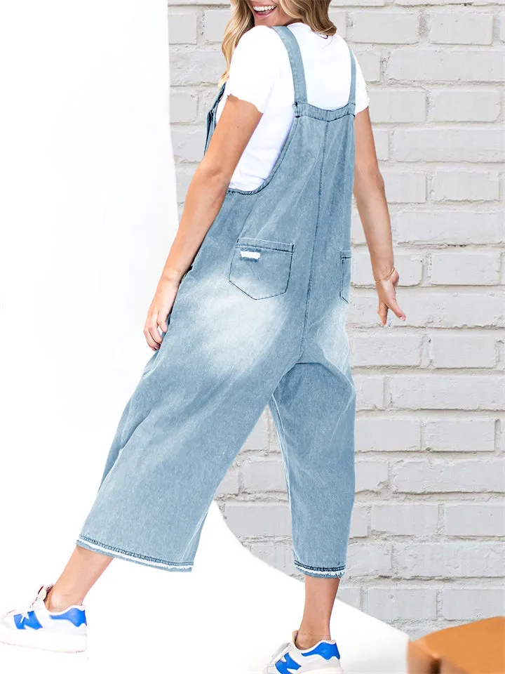 Female Classic Relaxed Fit Blue Denim Jumpsuits