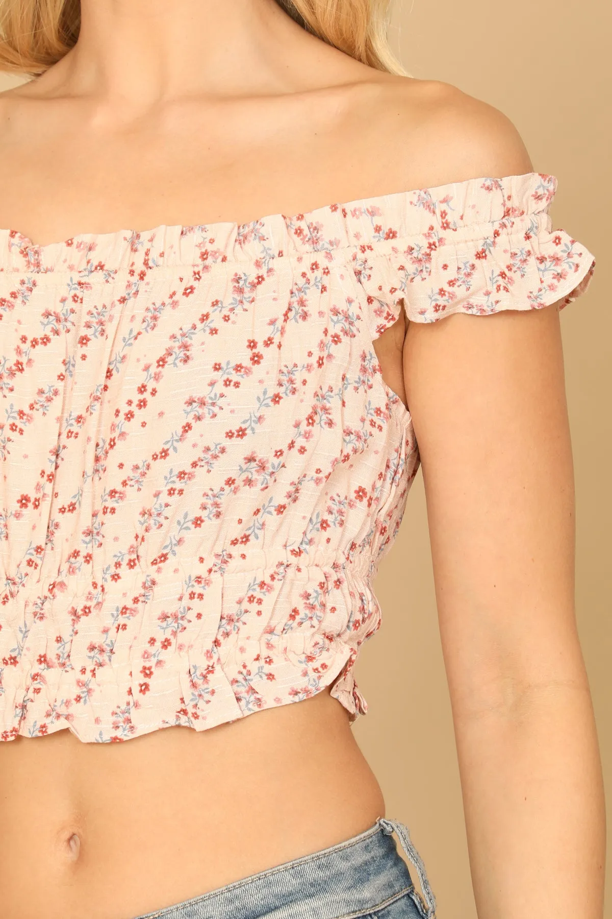 FLORAL OFF-SHOULDER RUFFLE CROP TOP