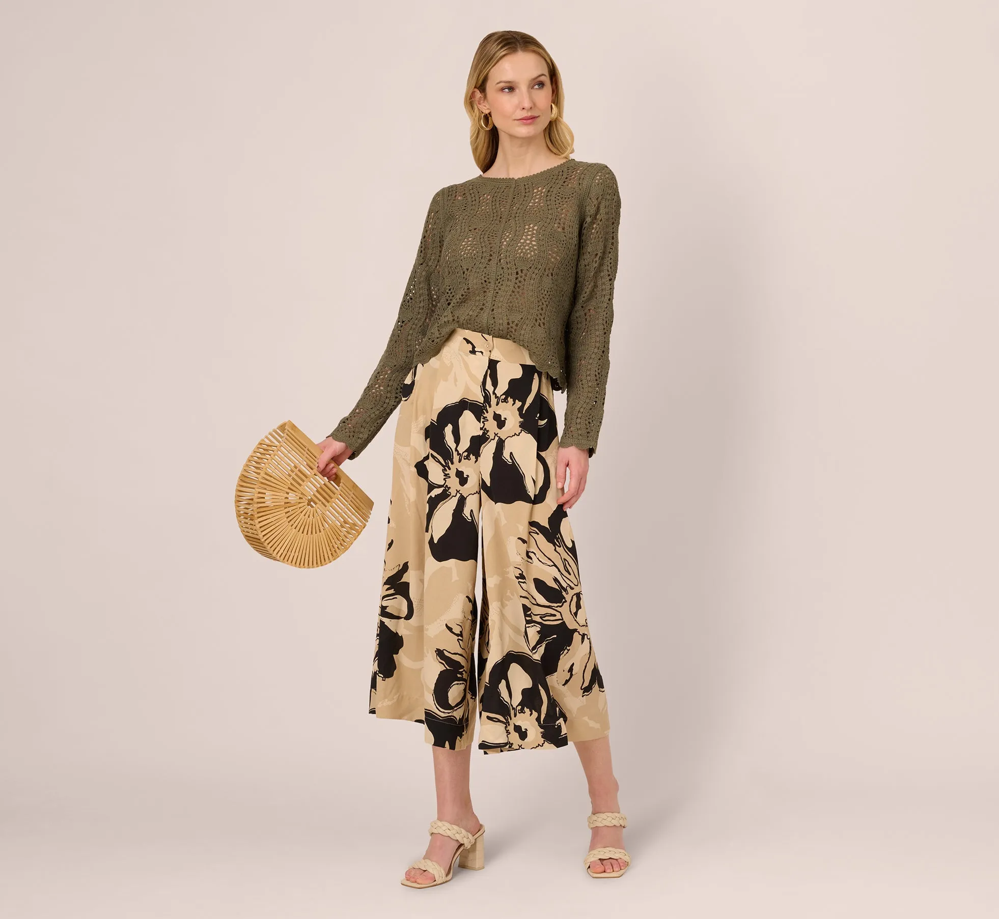 Floral Print Gaucho Pant In Khaki Black Sunset Floral