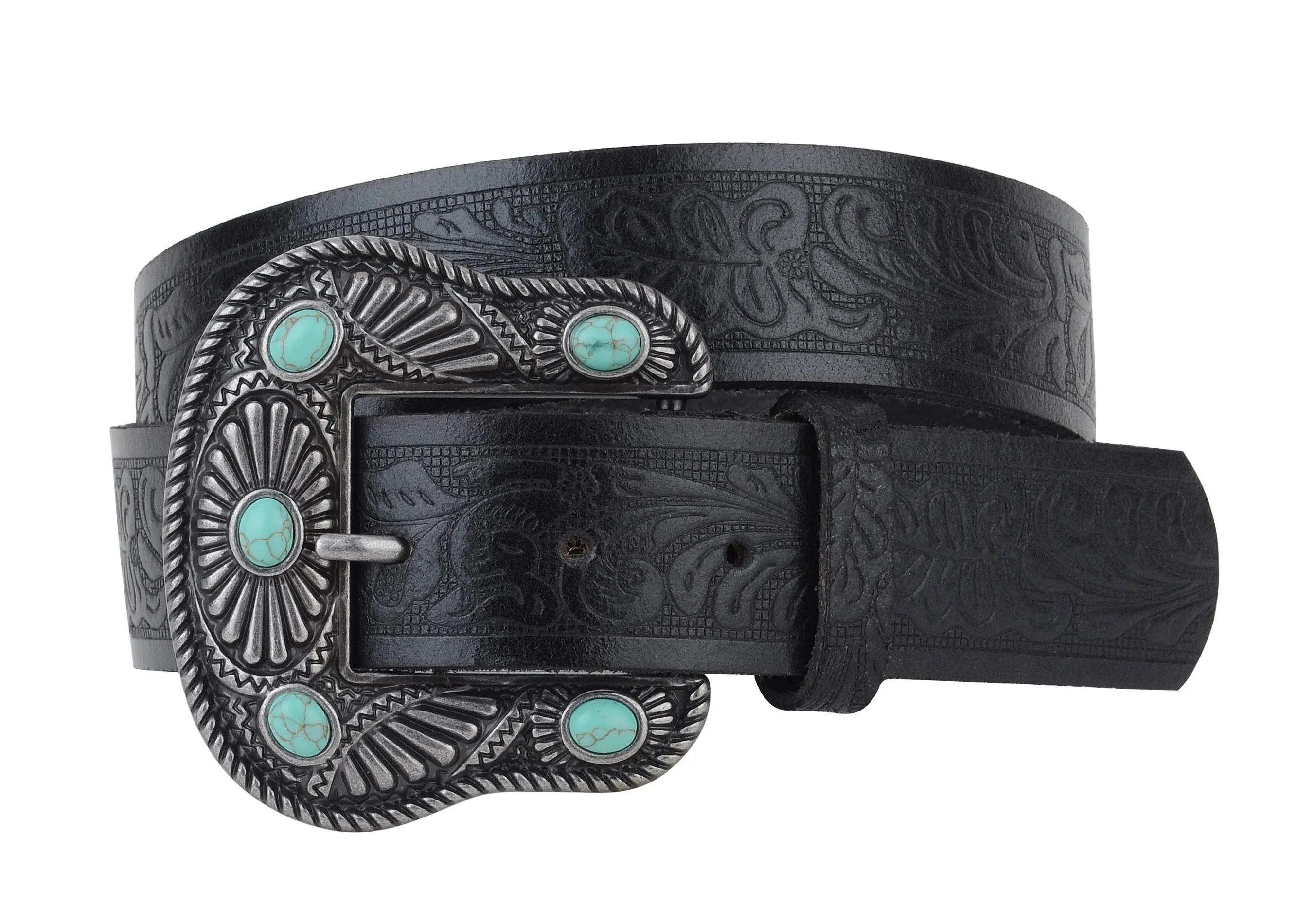 Floral Tooled Belt with Turquoise Studded Buckle