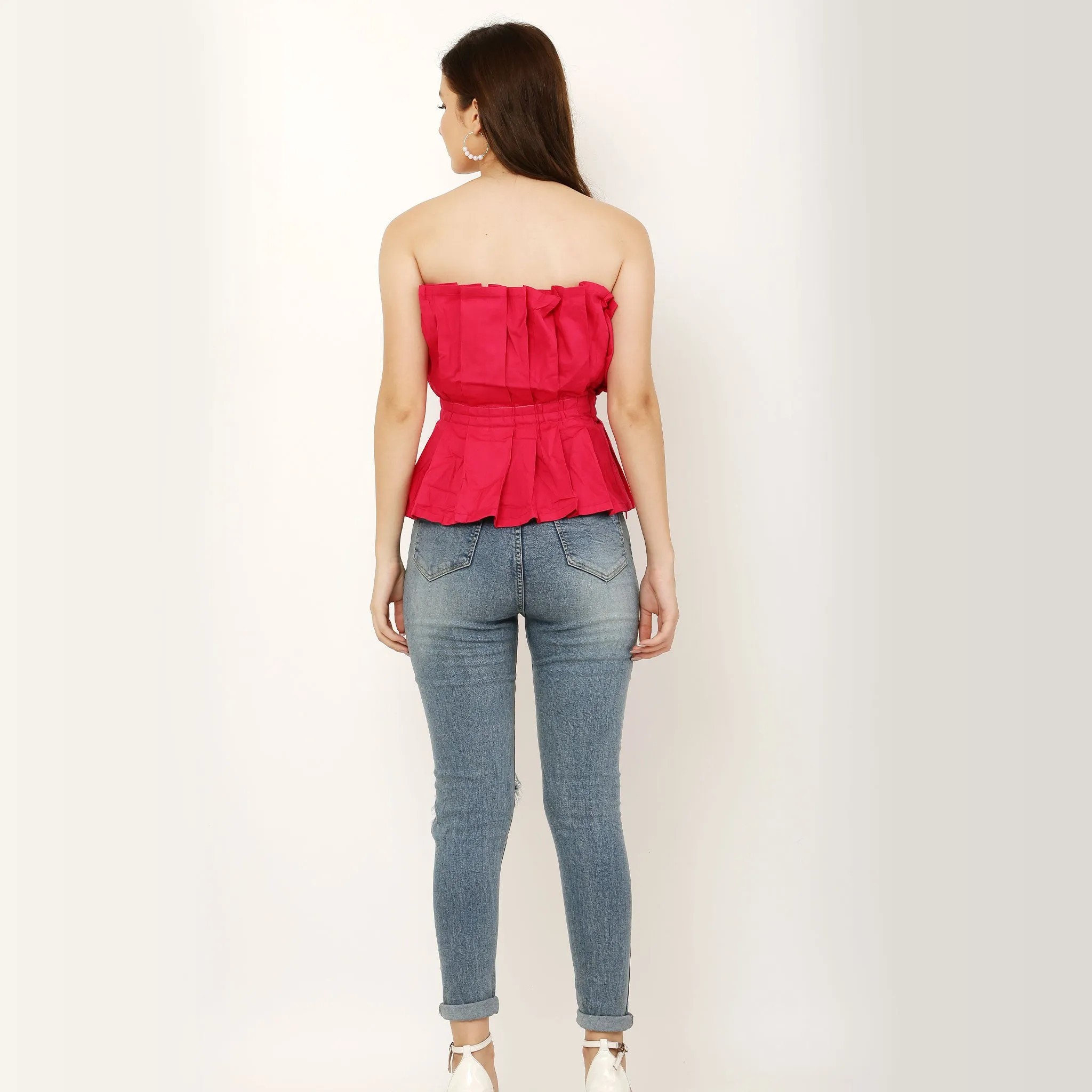 Fluffy Pleated Off Shoulder Tube Top - Pink