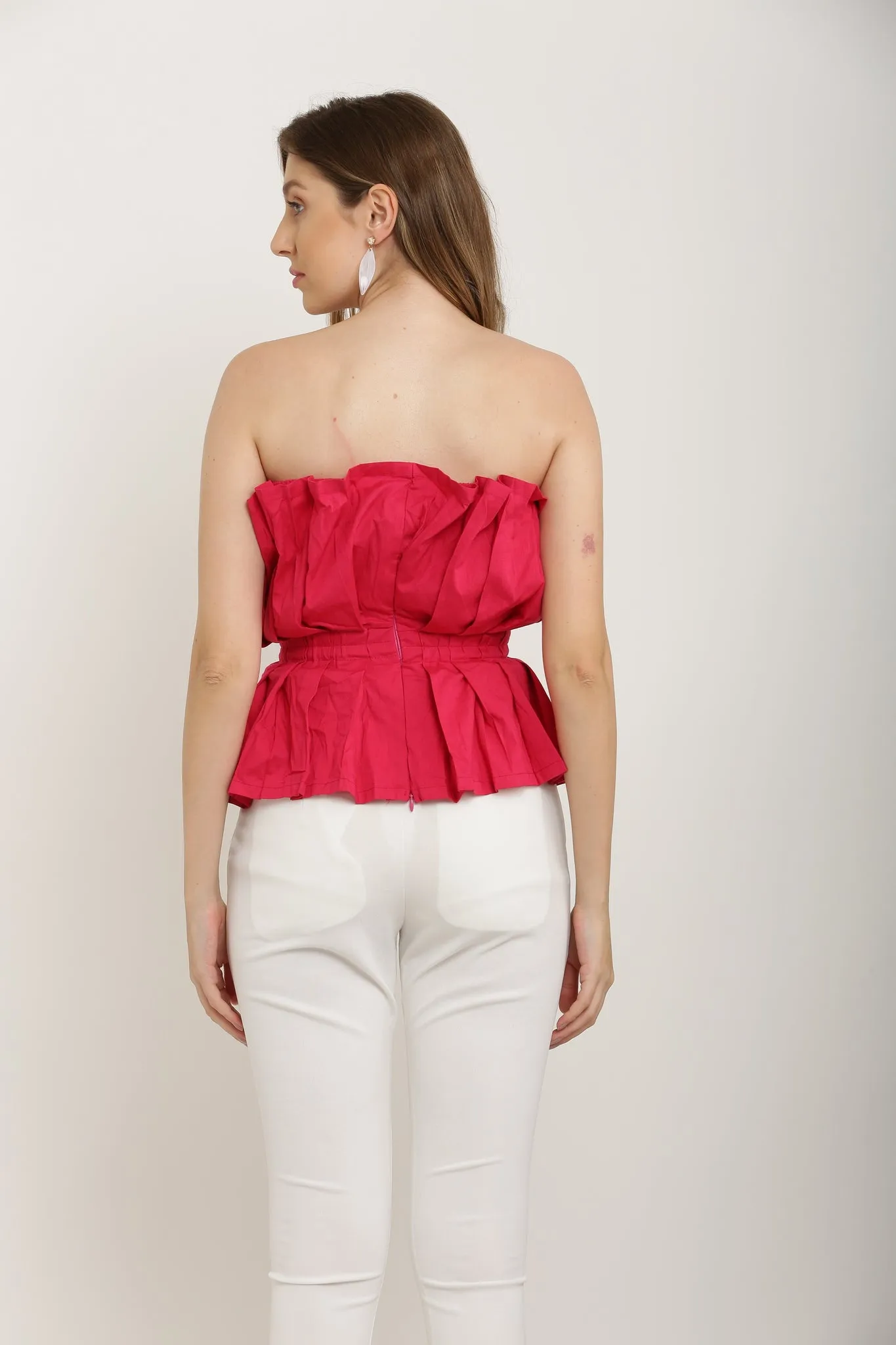 Fluffy Pleated Off Shoulder Tube Top - Pink