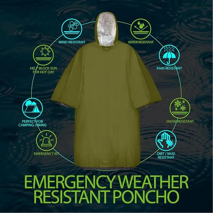 FosPower Emergency Rain Poncho [4 Pack] [Retains 90% Body Heat] Reusable Weather Resistant Raincoat for Men, Women, Adults, Camping, Hiking, Emergency Supplies & Survival Kits (Green)