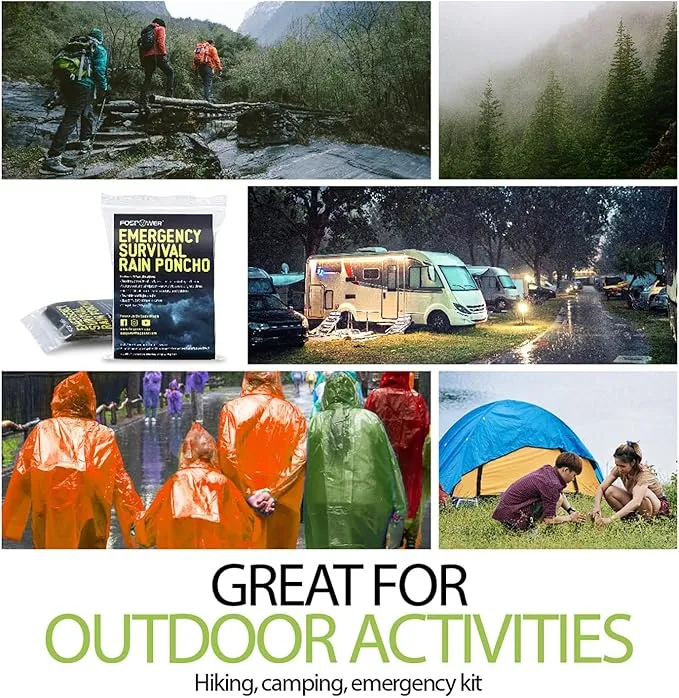 FosPower Emergency Rain Poncho [4 Pack] [Retains 90% Body Heat] Reusable Weather Resistant Raincoat for Men, Women, Adults, Camping, Hiking, Emergency Supplies & Survival Kits (Green)