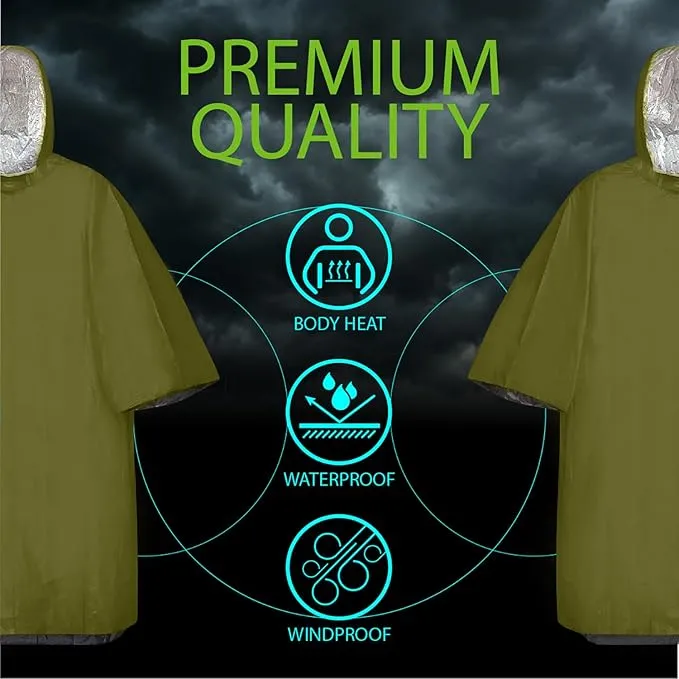 FosPower Emergency Rain Poncho [4 Pack] [Retains 90% Body Heat] Reusable Weather Resistant Raincoat for Men, Women, Adults, Camping, Hiking, Emergency Supplies & Survival Kits (Green)