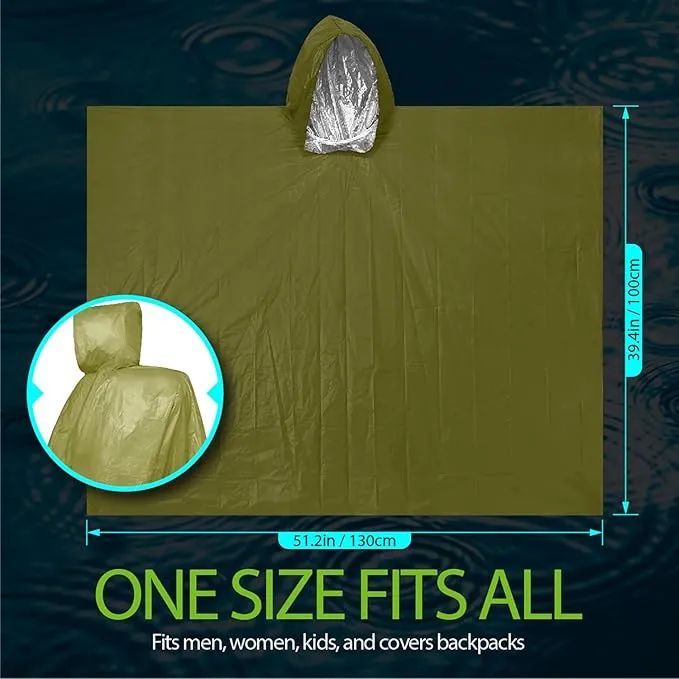 FosPower Emergency Rain Poncho [4 Pack] [Retains 90% Body Heat] Reusable Weather Resistant Raincoat for Men, Women, Adults, Camping, Hiking, Emergency Supplies & Survival Kits (Green)