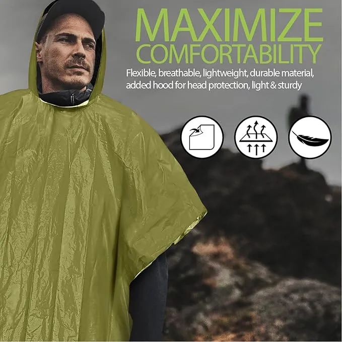 FosPower Emergency Rain Poncho [4 Pack] [Retains 90% Body Heat] Reusable Weather Resistant Raincoat for Men, Women, Adults, Camping, Hiking, Emergency Supplies & Survival Kits (Green)