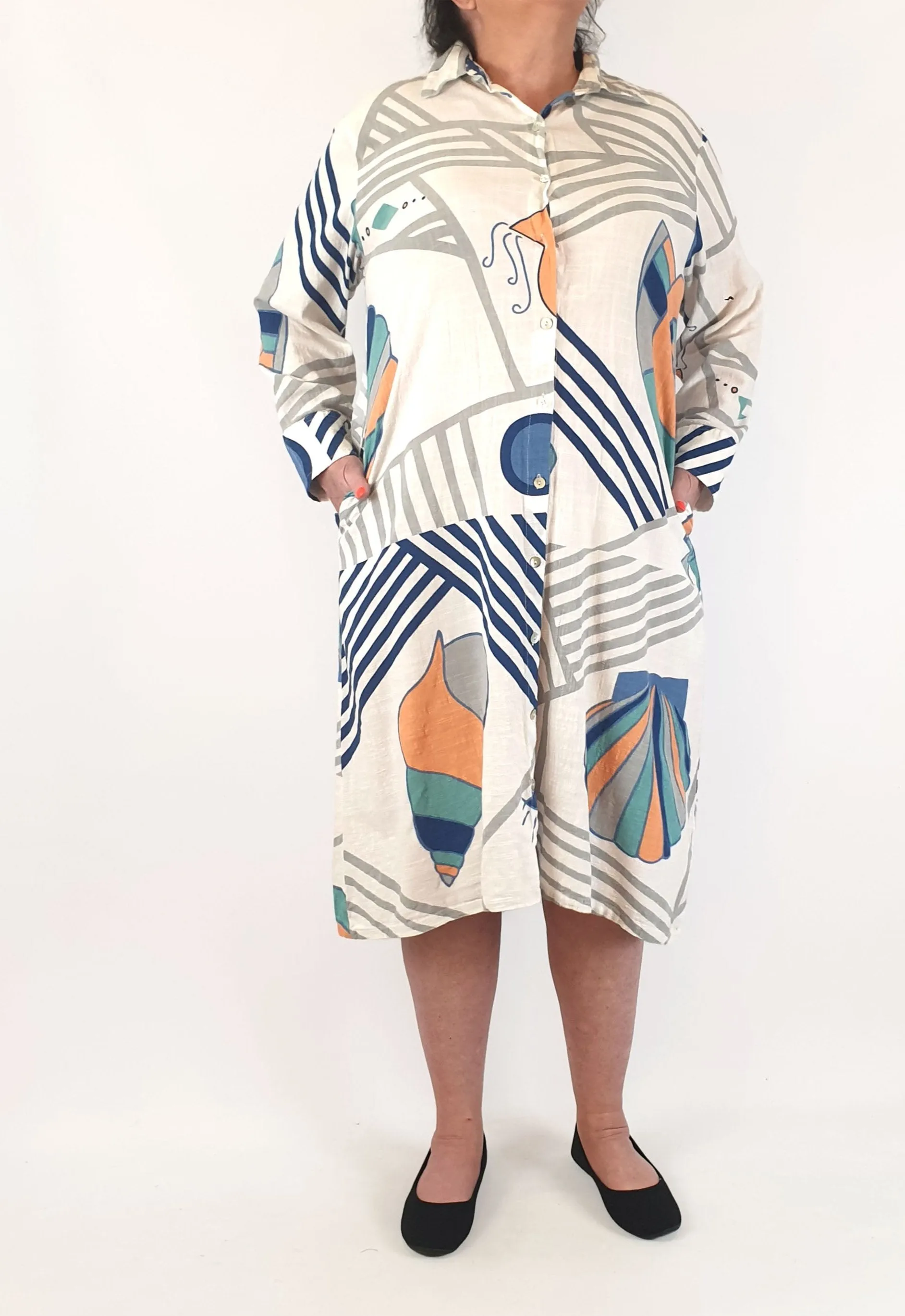 Frank & Dollys cotton long sleeve shirt dress with optional waist tie size XL