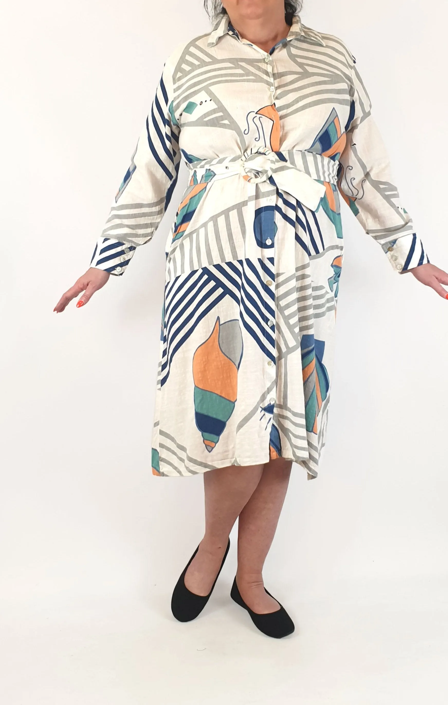 Frank & Dollys cotton long sleeve shirt dress with optional waist tie size XL
