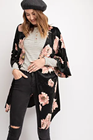 FRANNY VELVET FLORAL KIMONO BLACK-