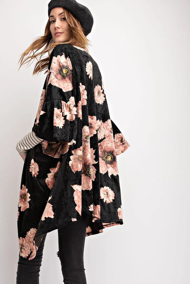 FRANNY VELVET FLORAL KIMONO BLACK-