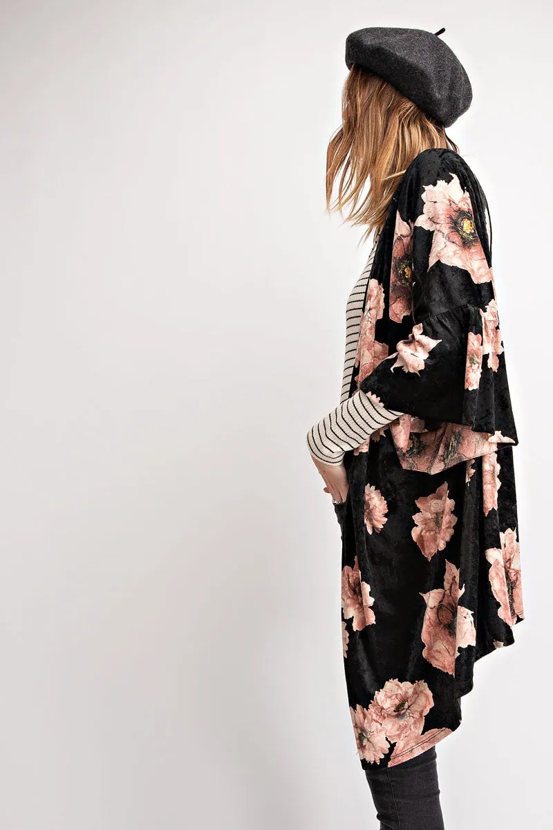 FRANNY VELVET FLORAL KIMONO BLACK-