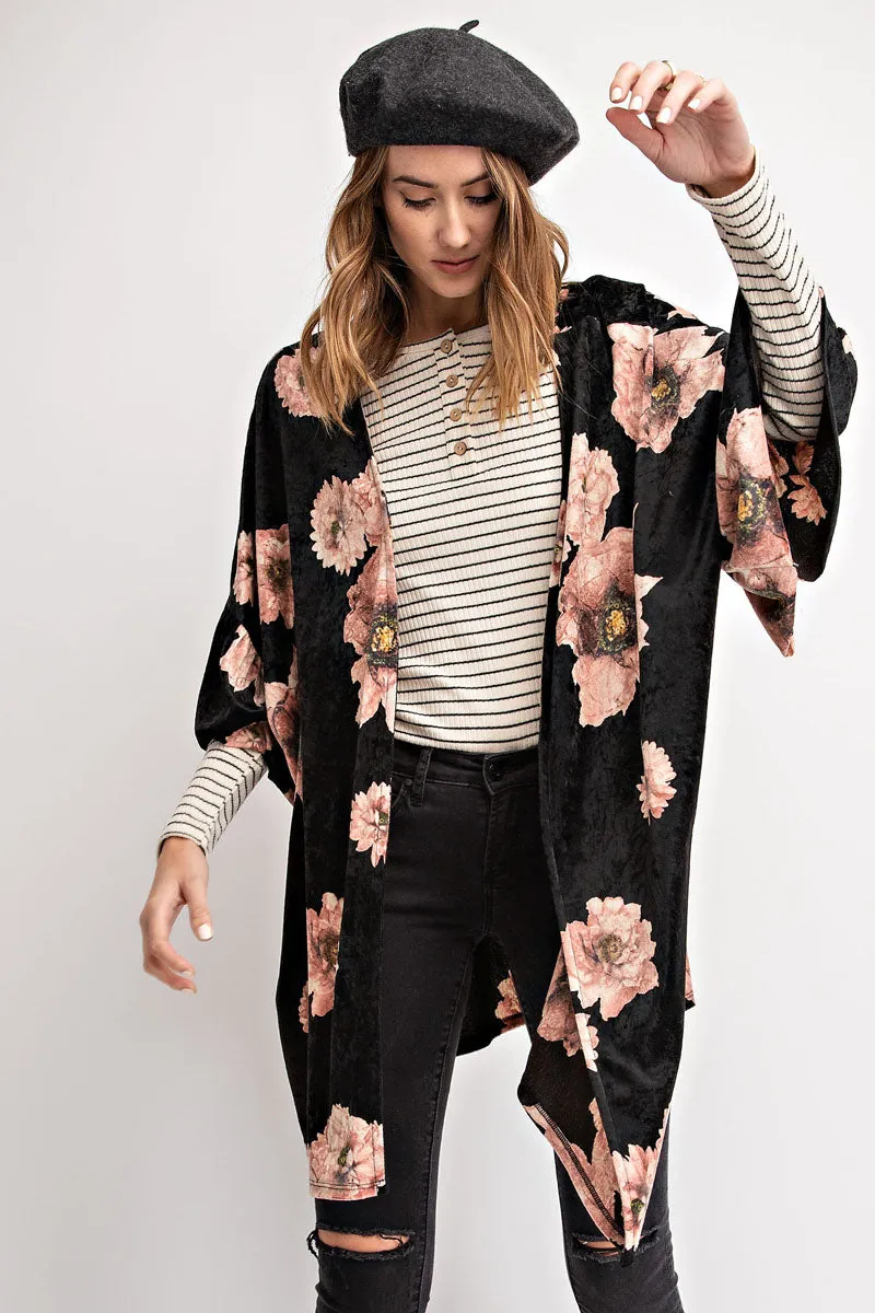 FRANNY VELVET FLORAL KIMONO BLACK-