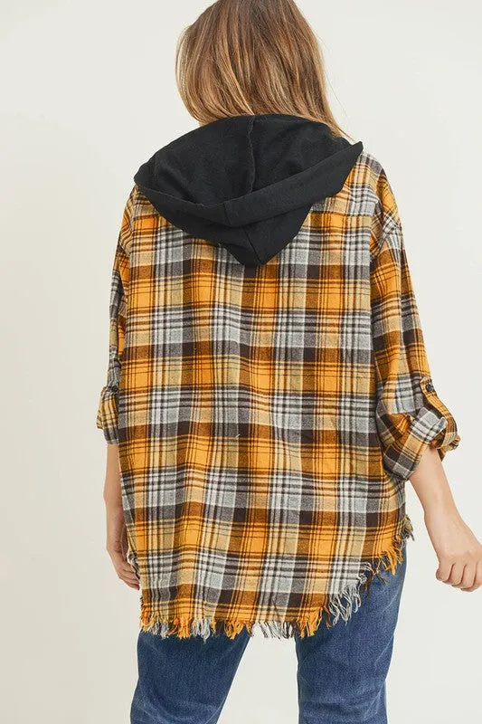 Frayed Hem Hoodie Flannel button up long sleeve with side pockets *