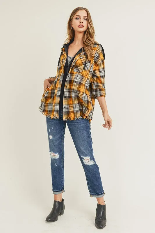 Frayed Hem Hoodie Flannel button up long sleeve with side pockets *