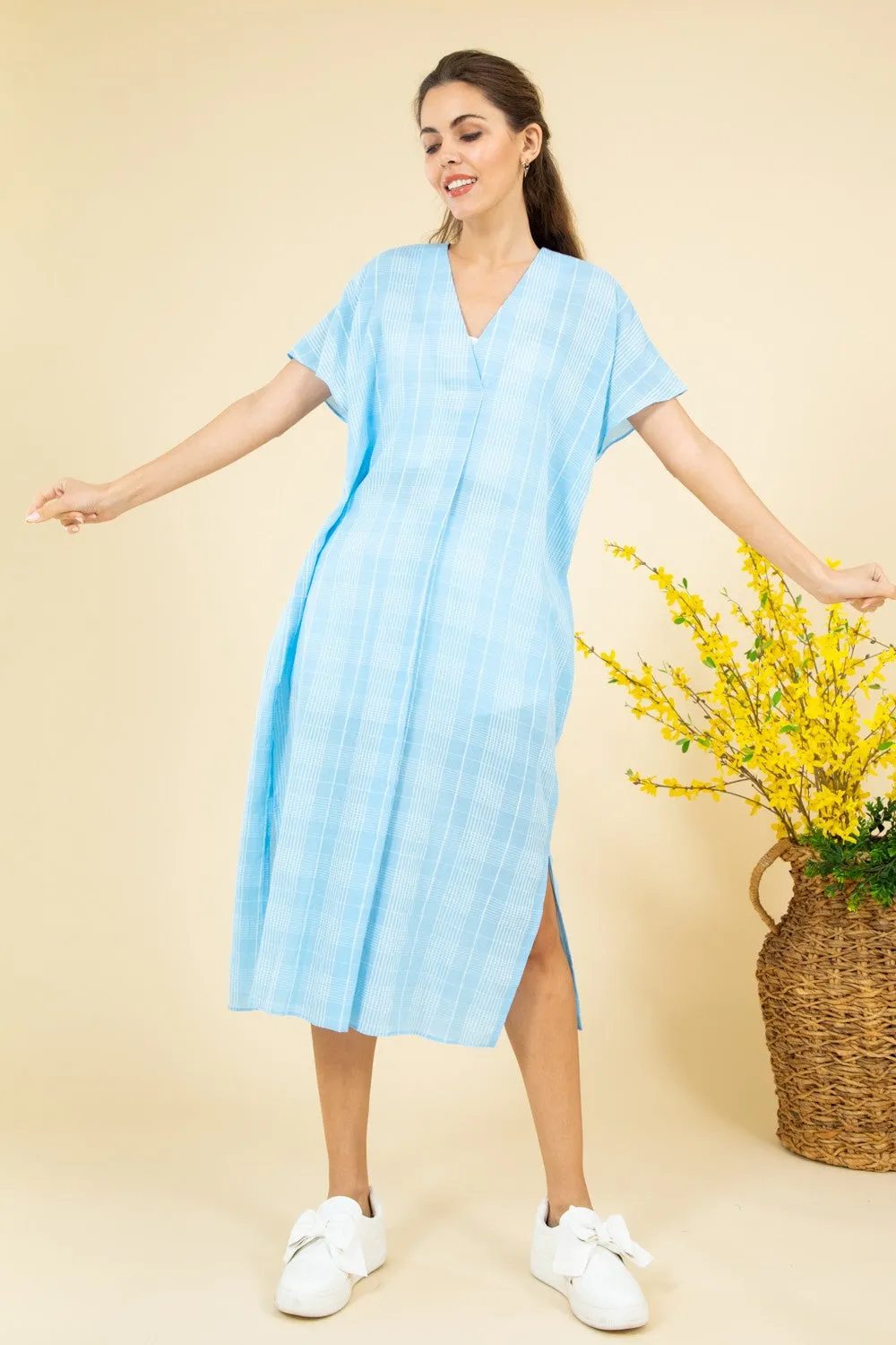 FSD2063-STK Short Sleeve Plaid Print Oversize Midi Dress 6PK