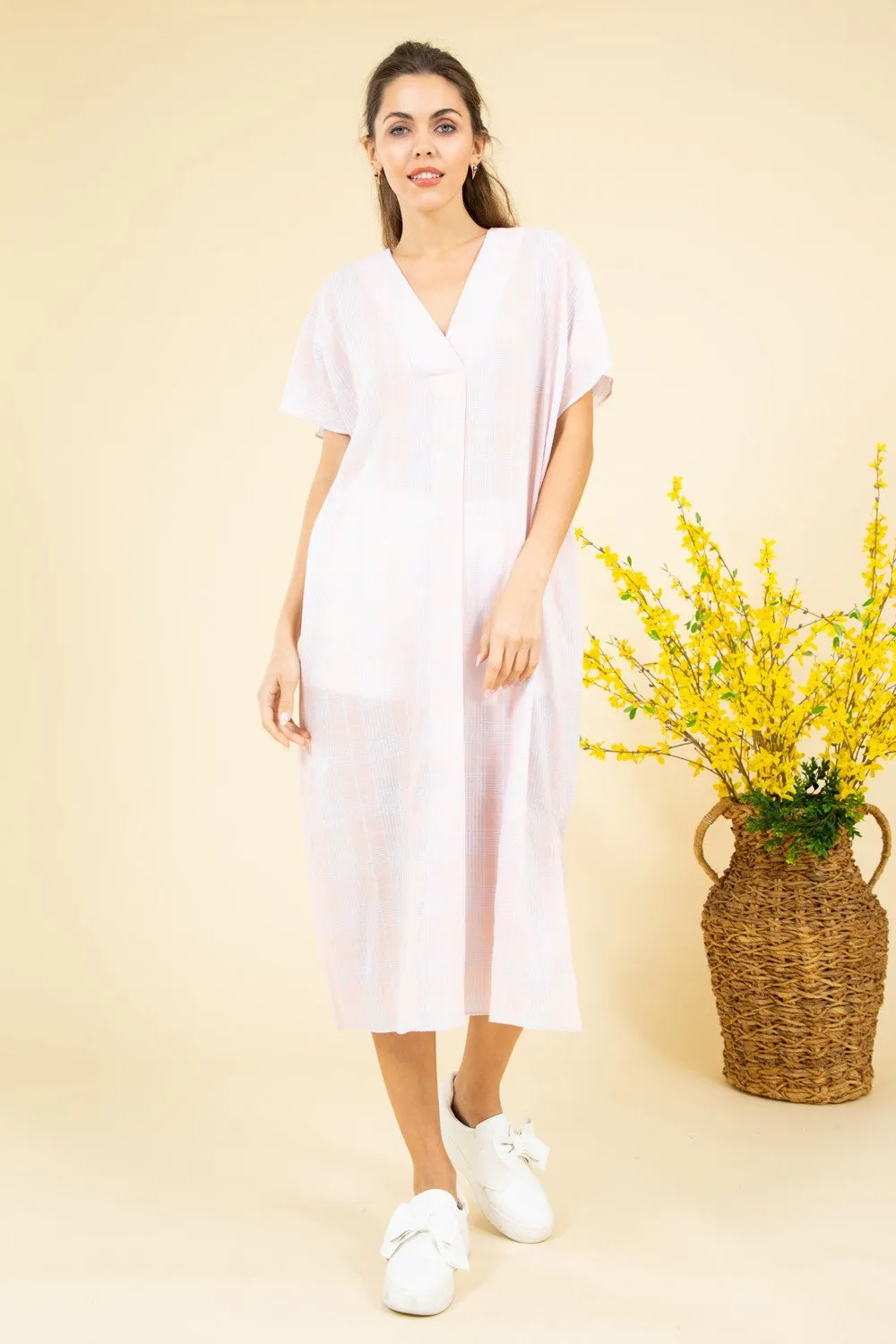 FSD2063-STK Short Sleeve Plaid Print Oversize Midi Dress 6PK