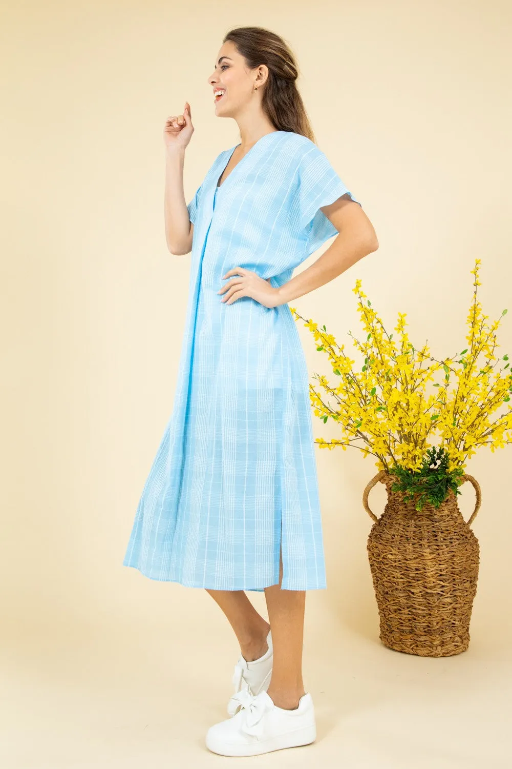 FSD2063-STK Short Sleeve Plaid Print Oversize Midi Dress 6PK