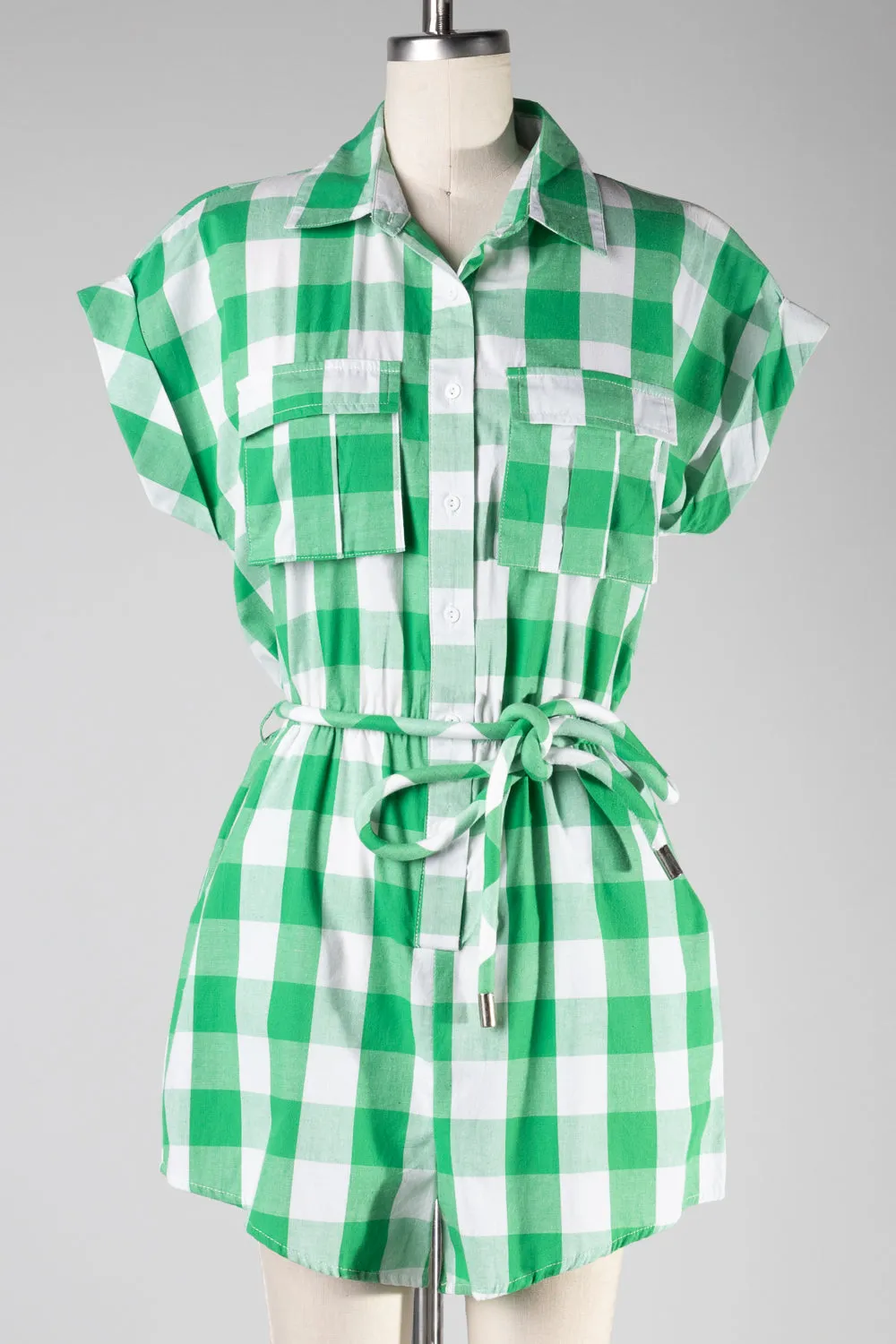 FSR852-STK Plaid Short Sleeve Romper with Belt 6PK