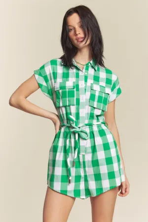 FSR852-STK Plaid Short Sleeve Romper with Belt 6PK