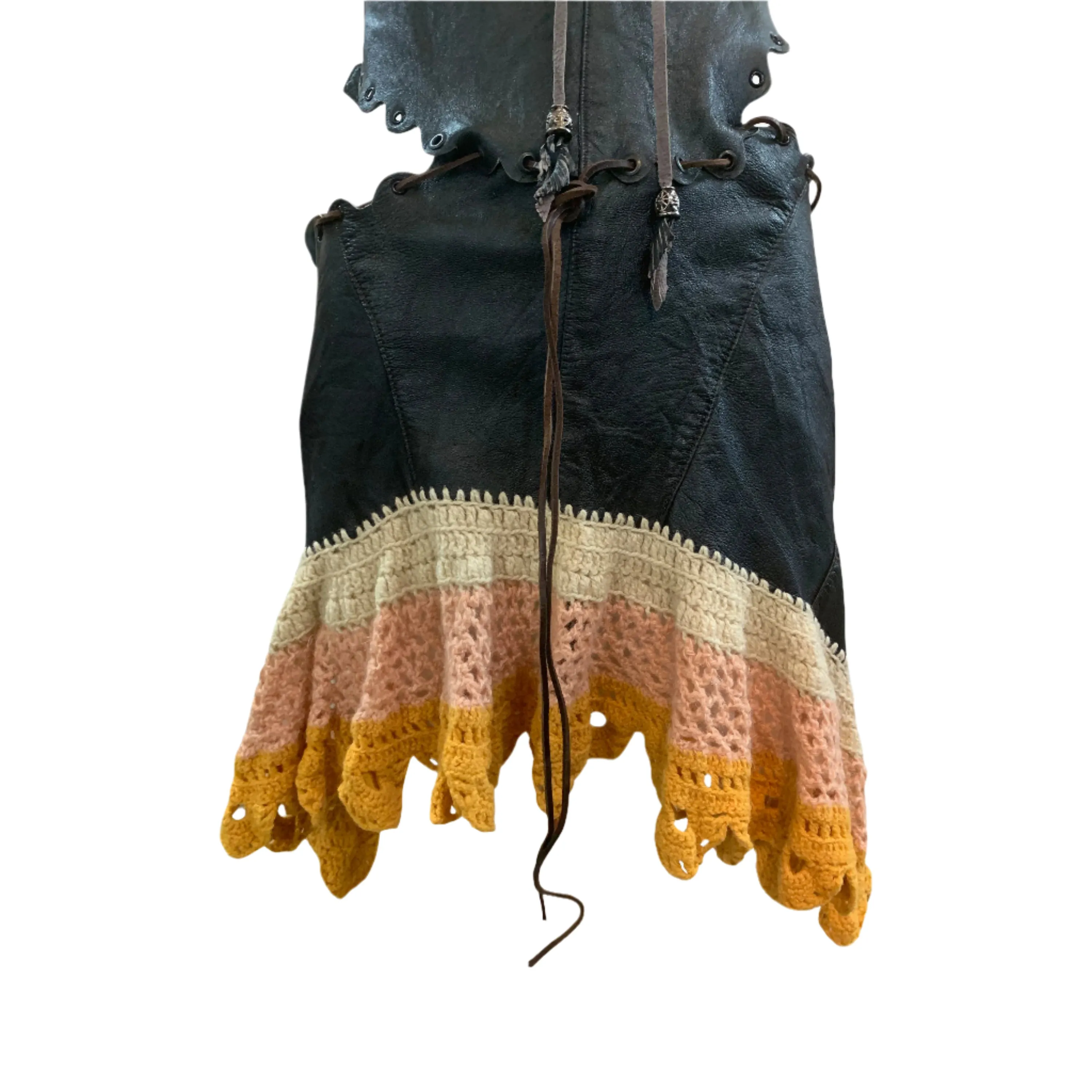 Genuine 1960s Hippie Handmade Halter Crochet and Leather Dress