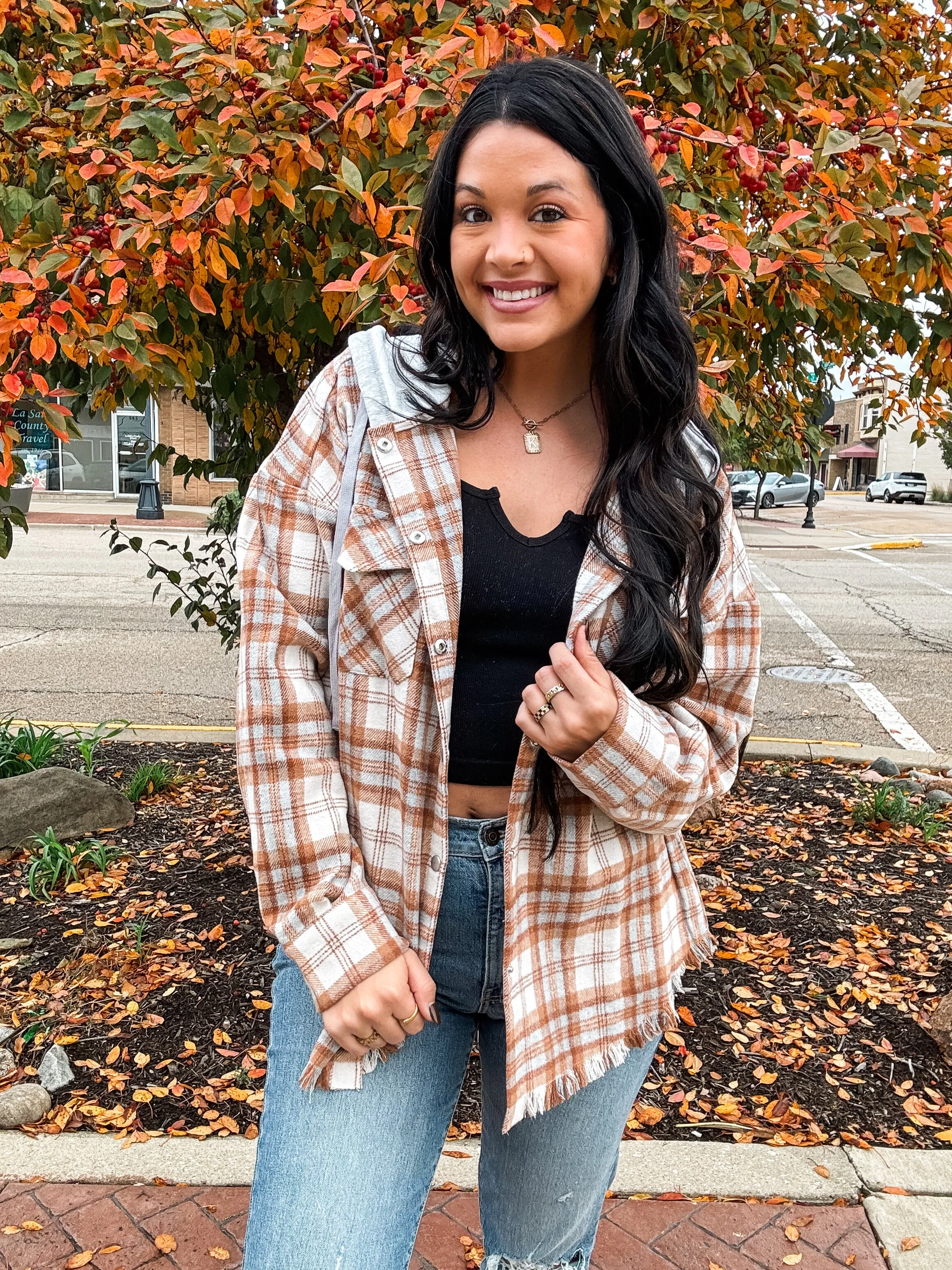 GET IT GIRL HOODED FLANNEL-CAMEL MIX