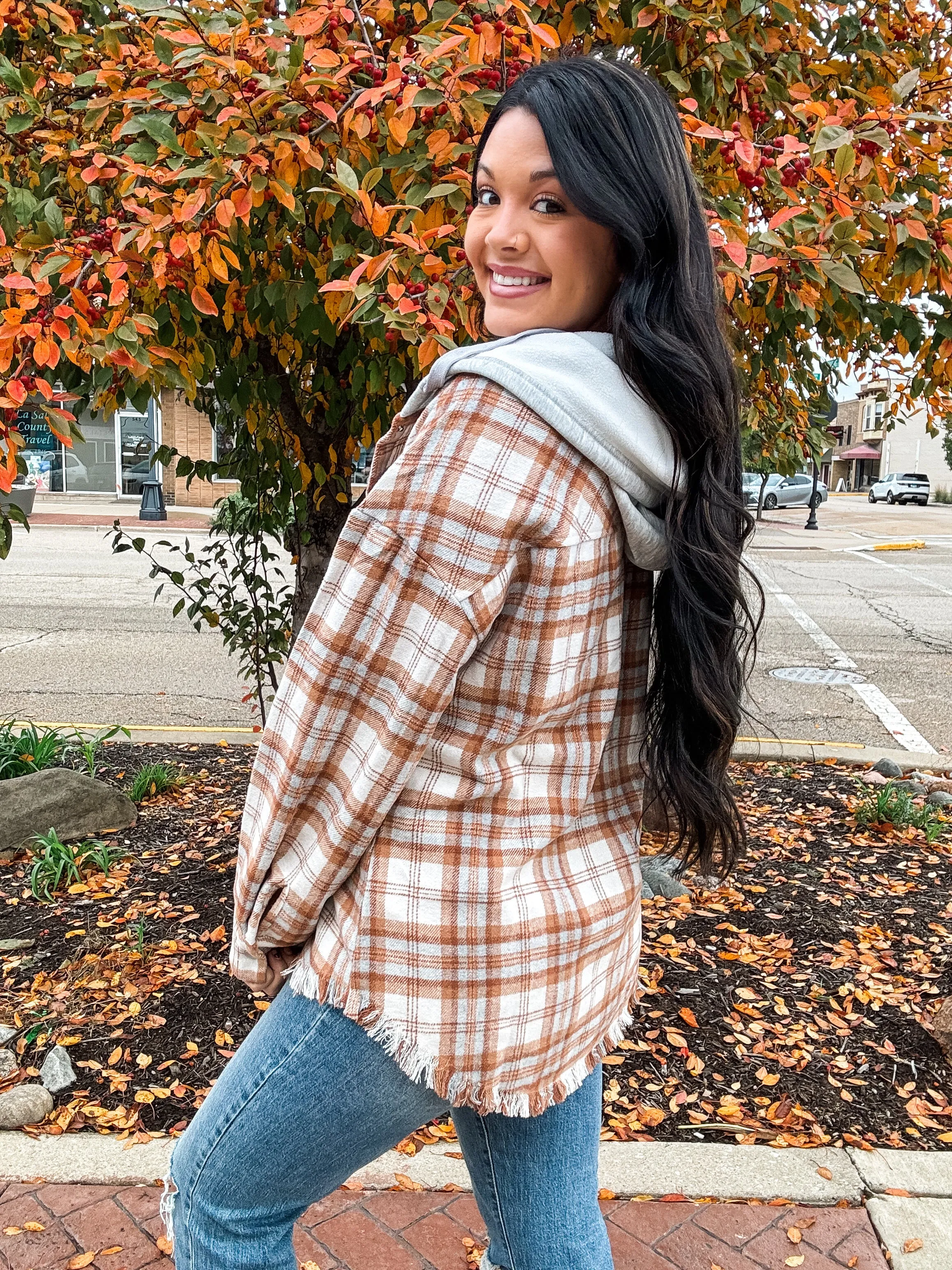 GET IT GIRL HOODED FLANNEL-CAMEL MIX